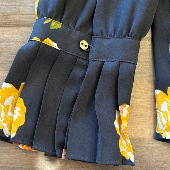 LOFT Dark Grey Blouse with Yellow Floral Print and Ruffle Cuffs - Picture 5 of 9